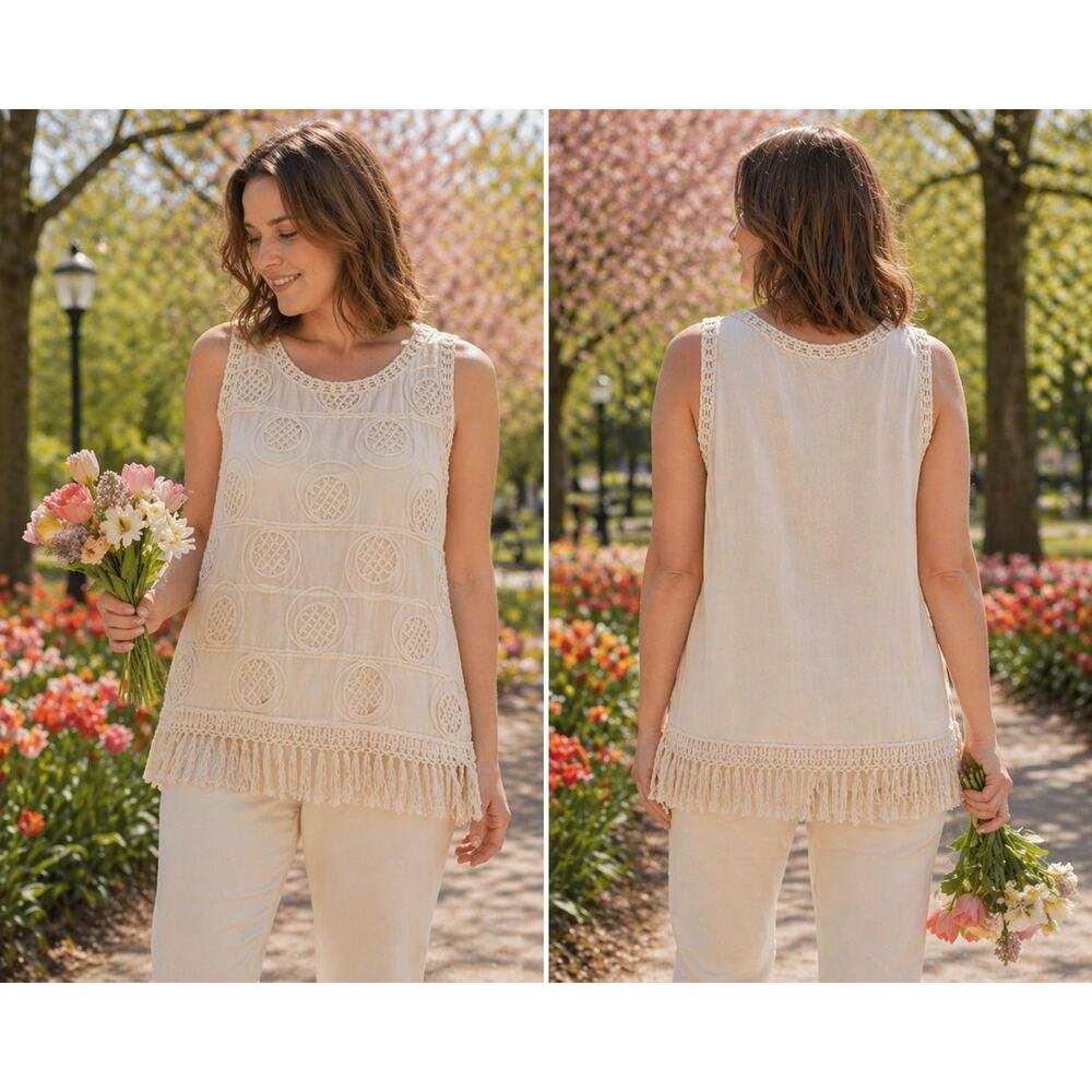 Bunulu 1X Cream Boho Semi Sheer Crochet Fringe Tank Top Cotton Sleeveless NWT